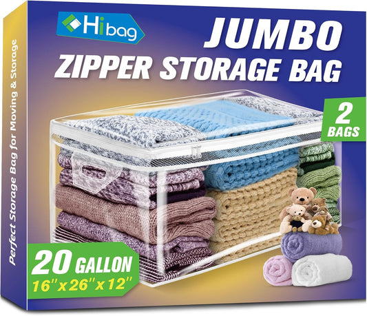 HIBAG 20 Gallon Large Storage Bag for Clothes, Zipper Clothing Storage Bag, Clear Organizer with Reinforced Handles, for Comforters Blankets Pillows Bedding (2 Pack)