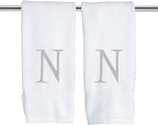 Monogrammed Hand Towels for Bathroom - Luxury Hotel Quality Personalized Initial Decorative Embroidered Bath Towel for Powder Room, Spa - GOTS Organic Certified - Set of 2 Letter N