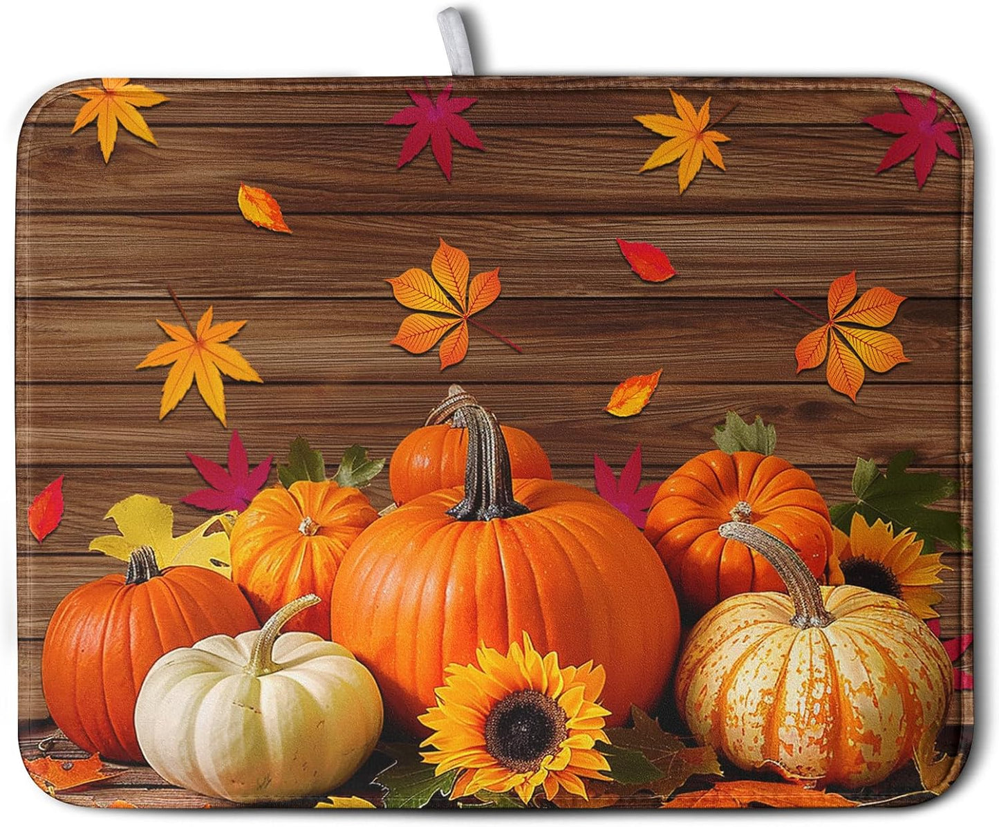 AutumnThanksgiving Pumpkin Dish Drying Mat for Kitchen Counter 16x18 Inch Fall Sunflowers Maple Leaves Harvest Kitchen Drying Mat Microfiber Super Absorbent Dish Rack Drainer Mat with Hanging Loop