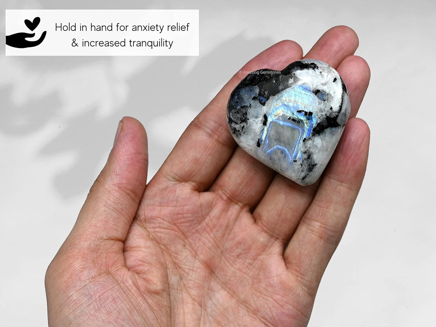 Amazing Gemstone Rainbow Moonstone Crystal Heart Palm Stone - Pocket Massage Worry Stone for Natural Body Chakra Balancing, Reiki Healing and Crystal Grid