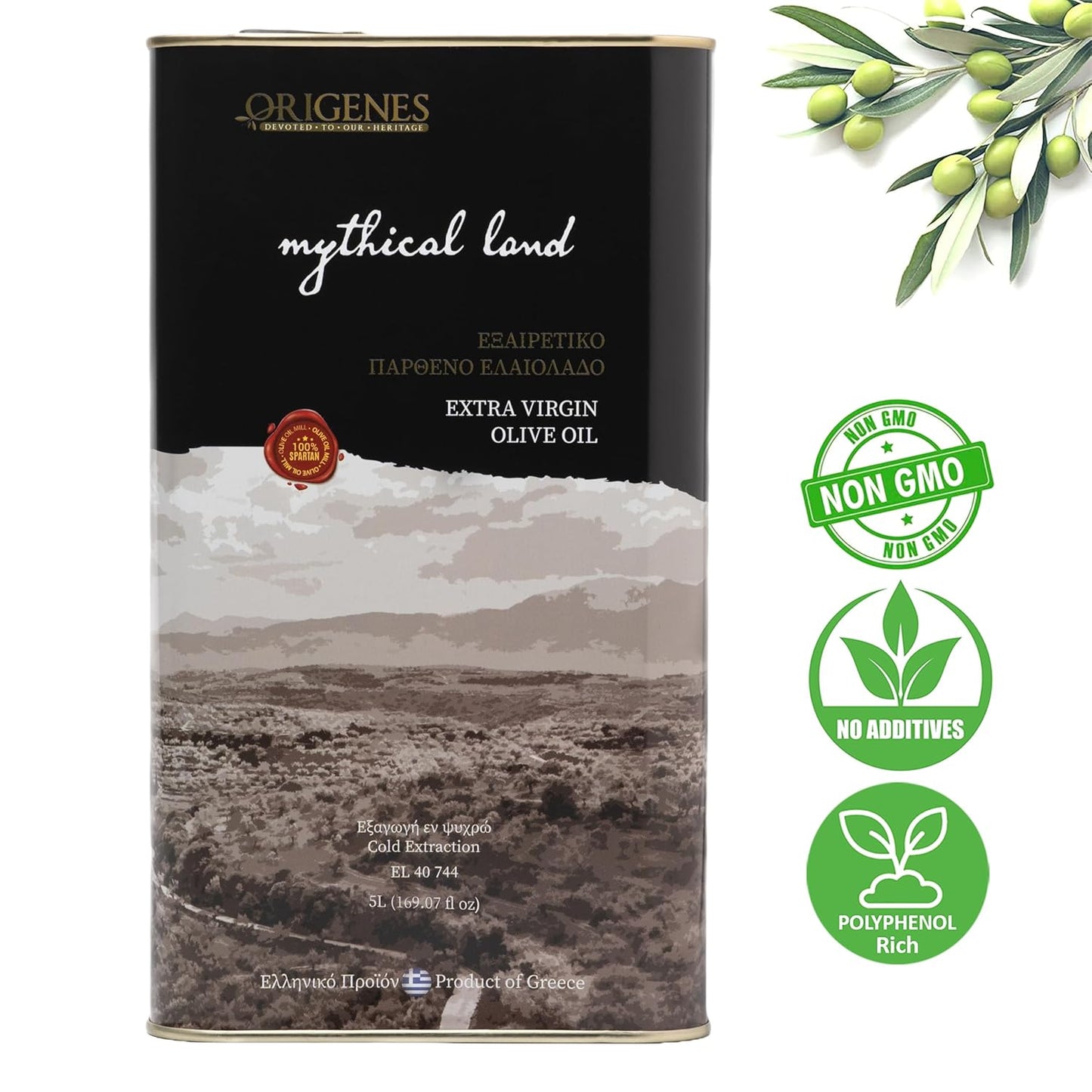 Extra Virgin Olive Oil Tin, Great Taste Cold Pressed, Polyphenol Rich EVOO, KORONEIKI Olive Oil Extra Virgin, EVOO from the Land of Sparta 5lt Tin