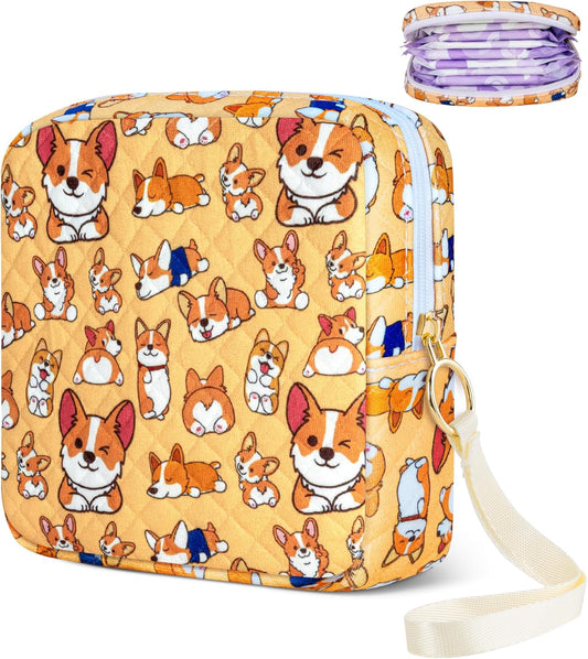 Tampon Holder for Purse, Quilted Period Bag Sanitary Napkin Storage Bag for Girls Womens, Portable Feminine Emergency Pad Period Pouch(Orange Dog)