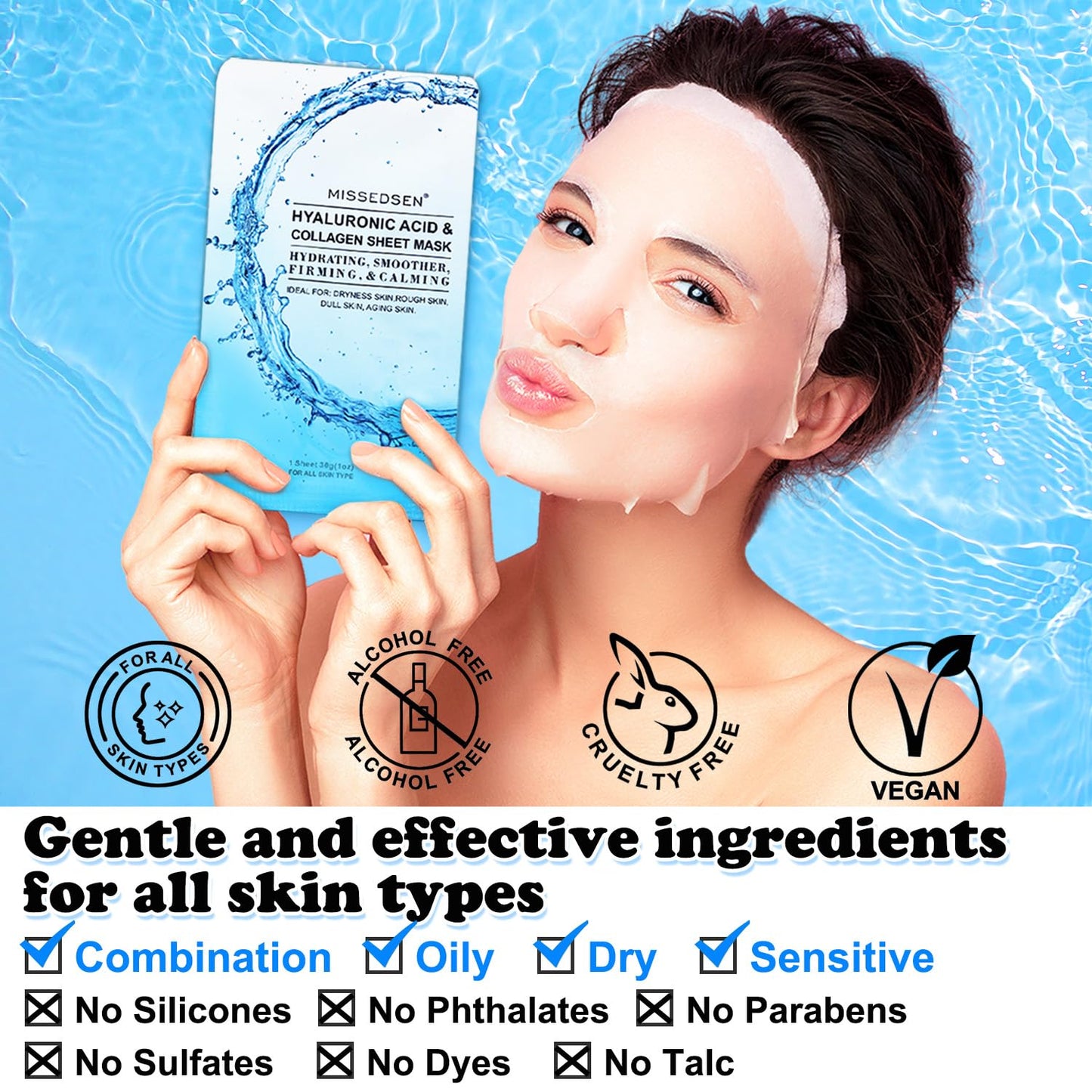 Collagen Face Mask with Hyaluronic Acid, Vitamin E Oil for Skin Care Hydrating, Moisturizing, Brightening & Anti Aging Face Masks Skincare for Oil, Dry, Acne, Sensitive All Skin Types 5PCS