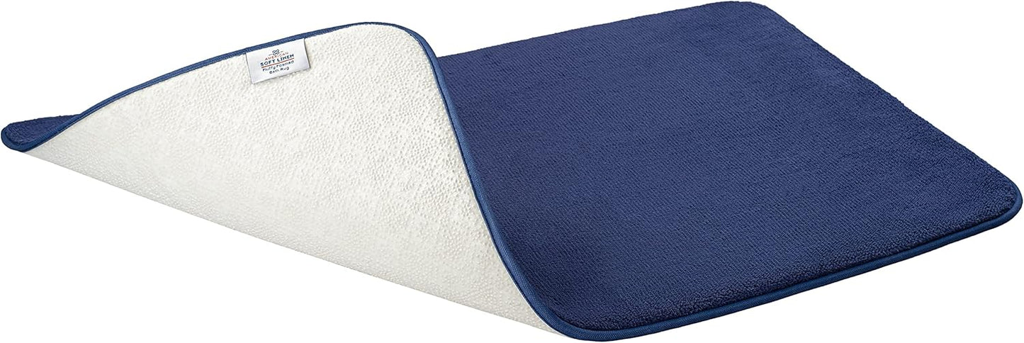 American Soft Linen 21x32 Fluffy Foamed Slip Reducer Bath Rug, Machine Washable Area Bath Mat Rugs for Bathroom, Navy Blue