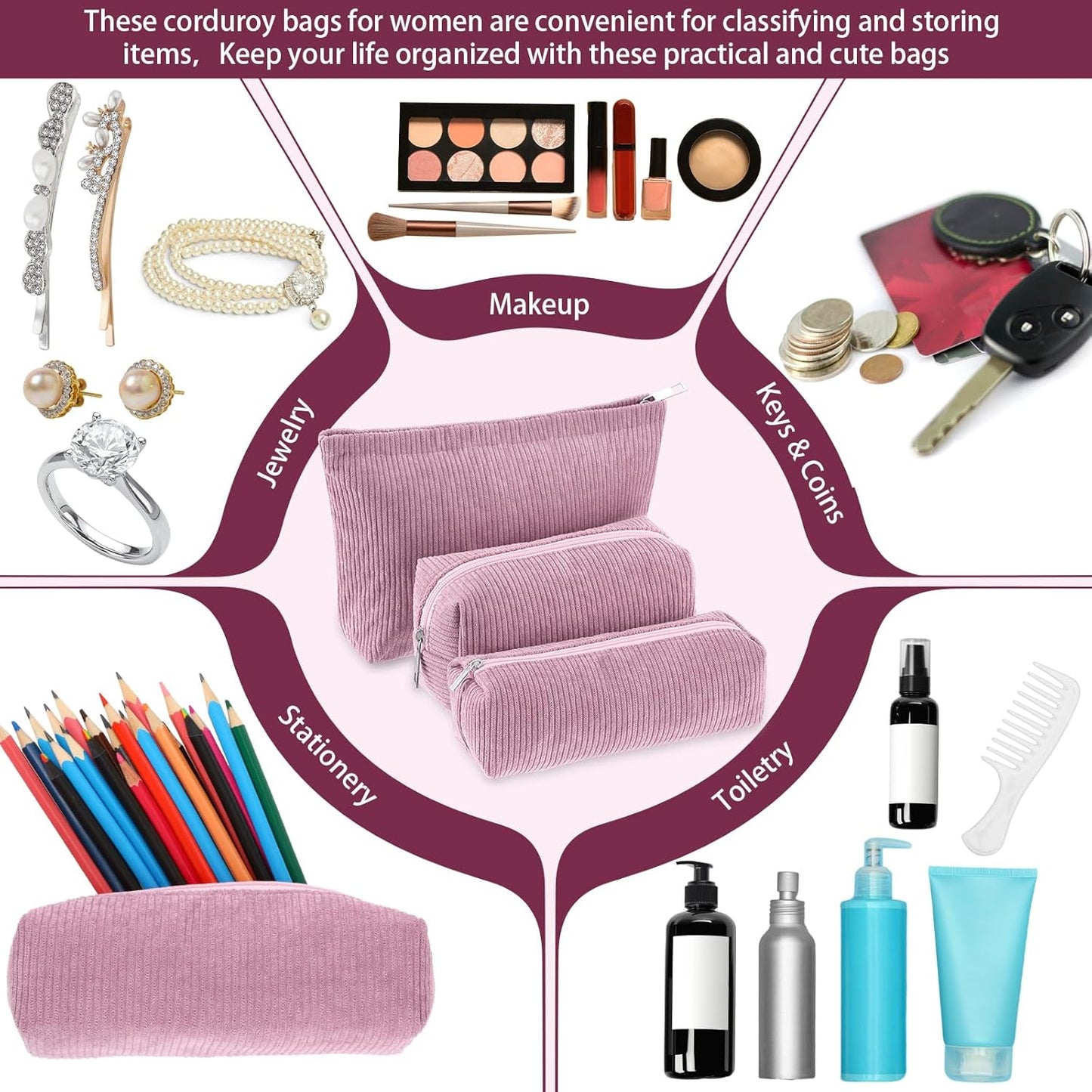 3 Pcs Makeup Bag Set for Women Corduroy Cosmetic Pouch Aesthetic Smile Travel Toiletry Bag Cute Purse Pouch Pencil Case Makeup Brushes Storage Organizer for Christmas(Rose Pink,Solid Style)