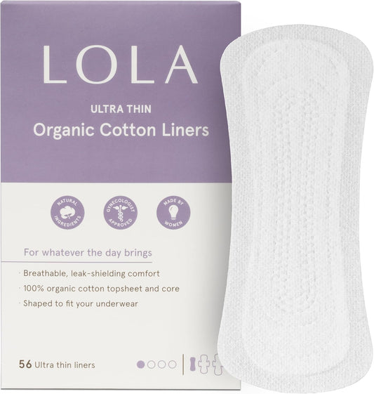 LOLA Panty Liners - 56 Count - Cotton Top Sheet & Core, Breathable Daily Liners for Women - Hypoallergenic Unscented Organic Pads for Women