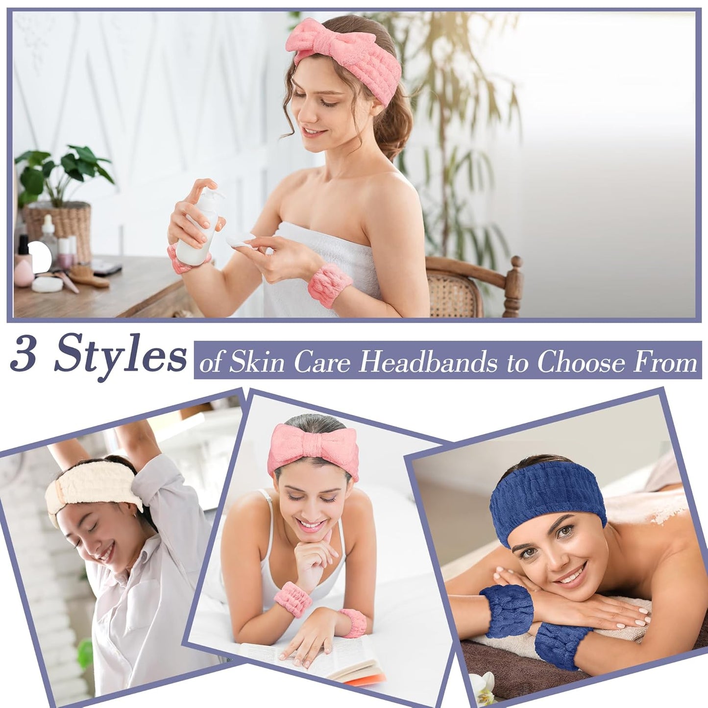 Spa Headband and Wristband Set - 3-Piece Skincare Headbands & 6-Piece Wrist Spa Wristbands for Women,Facial Hairbands for Washing Face, Makeup, Sports, Yoga, Headband for Washing Face