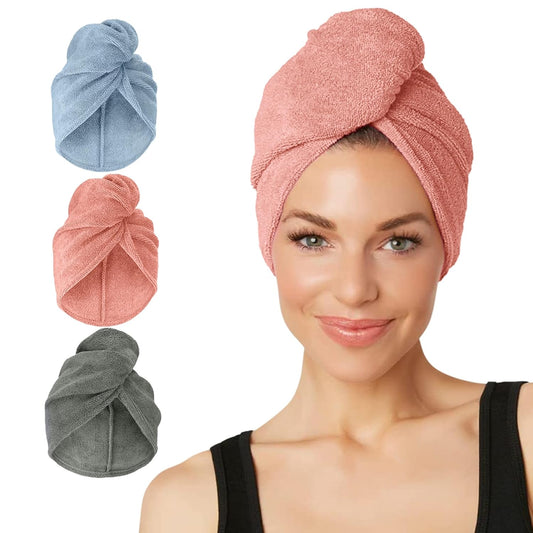 Turbie Twist 3-Pack Microfiber Hair Towel for Beauty, Travel, Gifting - Hair Wrap Turban for Straight, Wavy & Curly Hair - Premium Personal Care - Gray, Blue & Pink