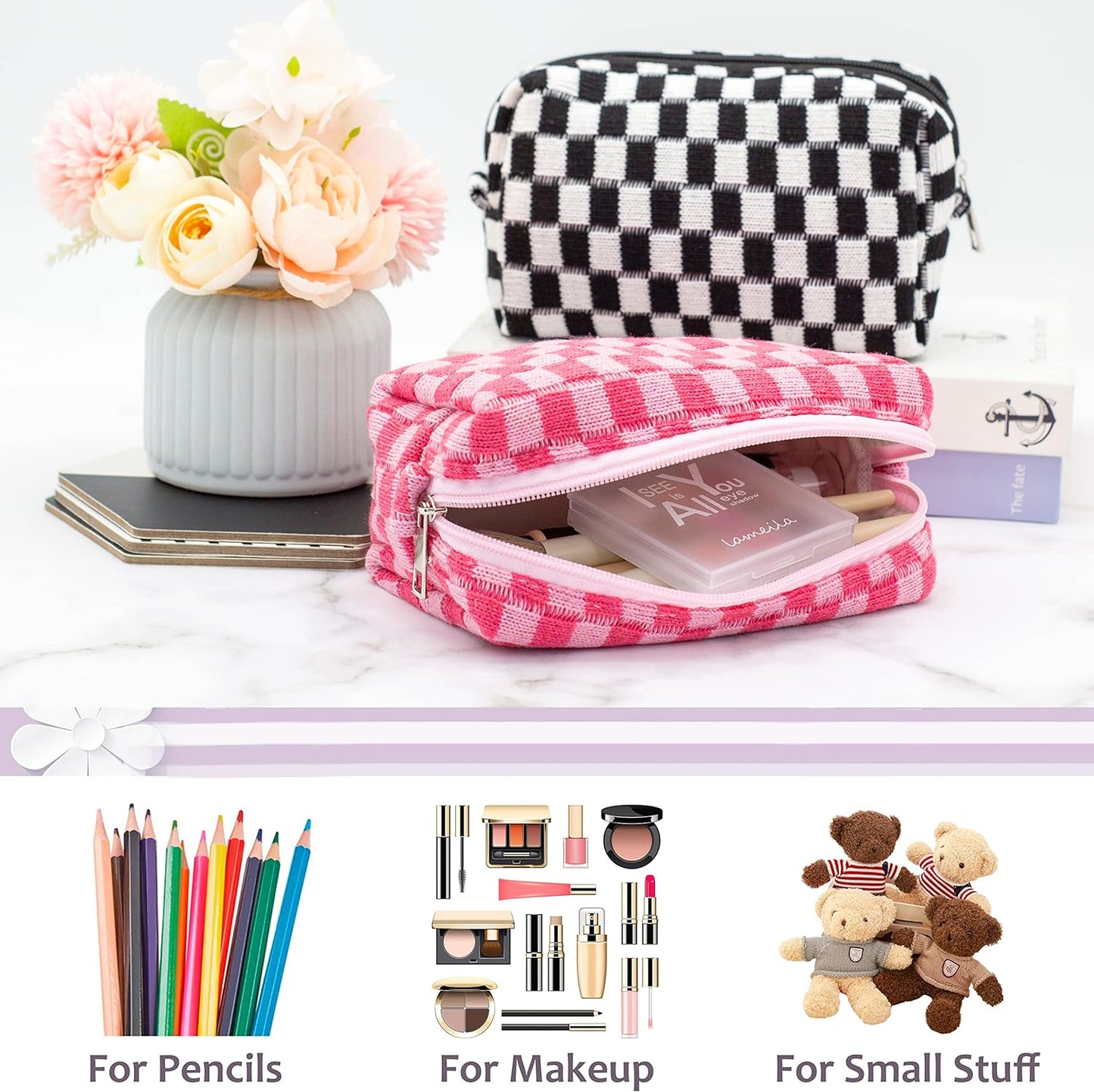 PAZIMIIK Checkered Makeup Bag for Purse Portable Zipper Make Up Pouch Small Cosmetic Case for Travel Accessories (6PCS Hotpink)