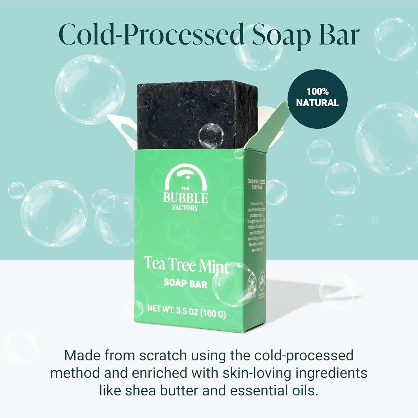 The Bubble Factory Handmade Soap, All Natural Soap for Women & Men, Hand, Bath & Body Natural Bar Soap, Vegan, Palm Oil Free, Made in USA with Shea Butter + Essential Oils, Tea Tree Mint, Single
