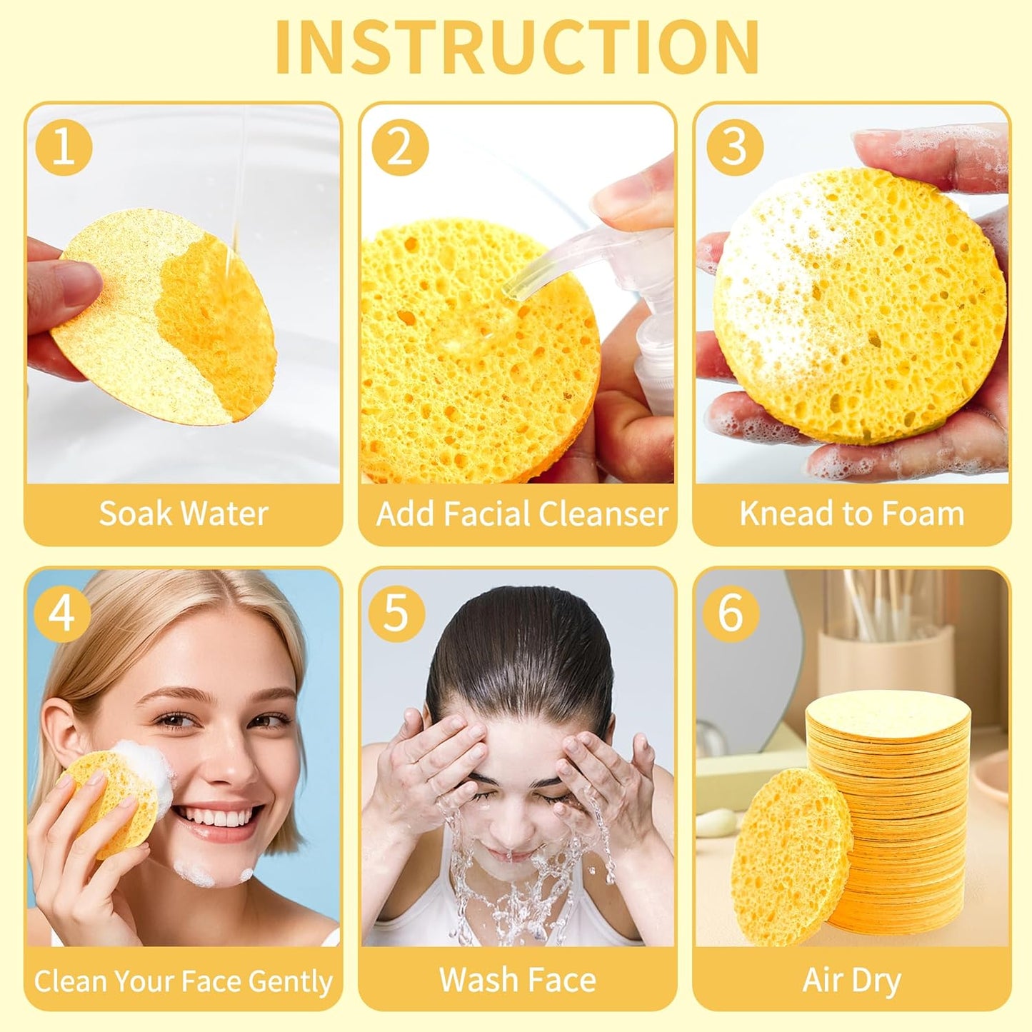 100-Count Compressed Facial Sponges, Natural Cosmetic Spa Sponges for Facial Cleansing, Exfoliating Mask, Makeup Remover, Travel Face Sponges - Yellow