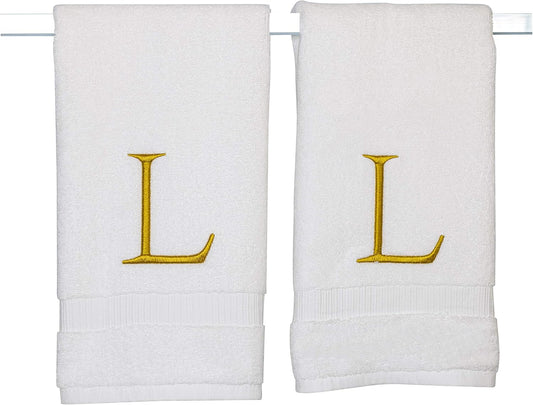 Monogrammed Hand Towels for Bathroom - Luxury Hotel Quality Personalized Initial Decorative Embroidered Bath Towel for Powder Room, Spa - GOTS Organic Certified - Set of 2 Gold Letter L