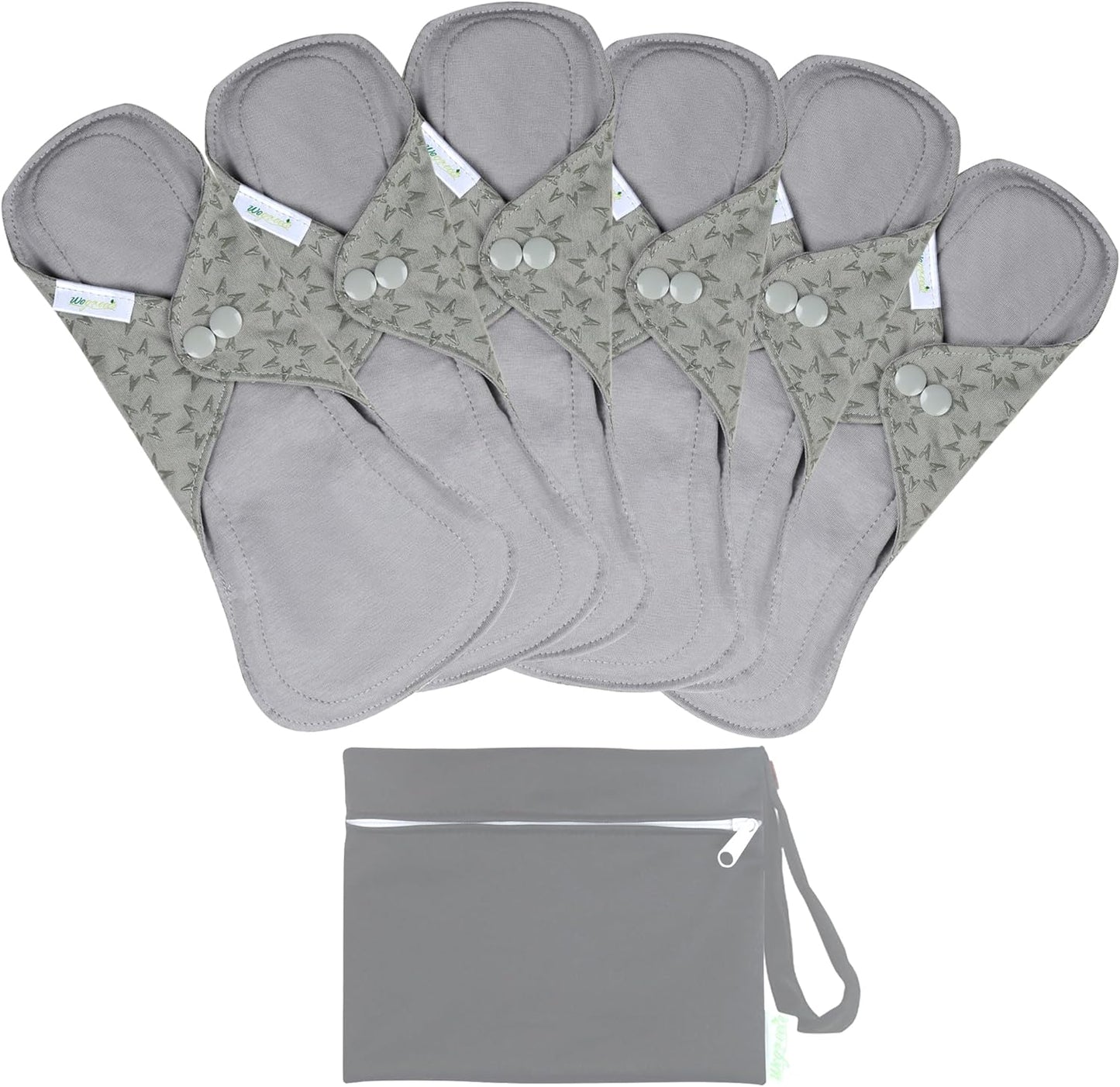 wegreeco 6 Pcs Reusable Menstrual Pads, Ultra Absorbent Cloth Pads for Heavy Flow, Sanitary for Teens, Women, Nonslip, Grey Inner, Grey Outer, Small