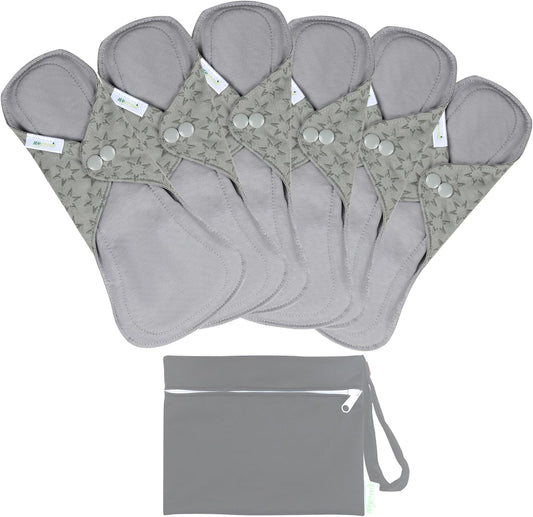 wegreeco 6 Pcs Reusable Menstrual Pads, Ultra Absorbent Cloth Pads for Heavy Flow, Sanitary for Teens, Women, Nonslip, Grey Inner, Grey Outer, Small