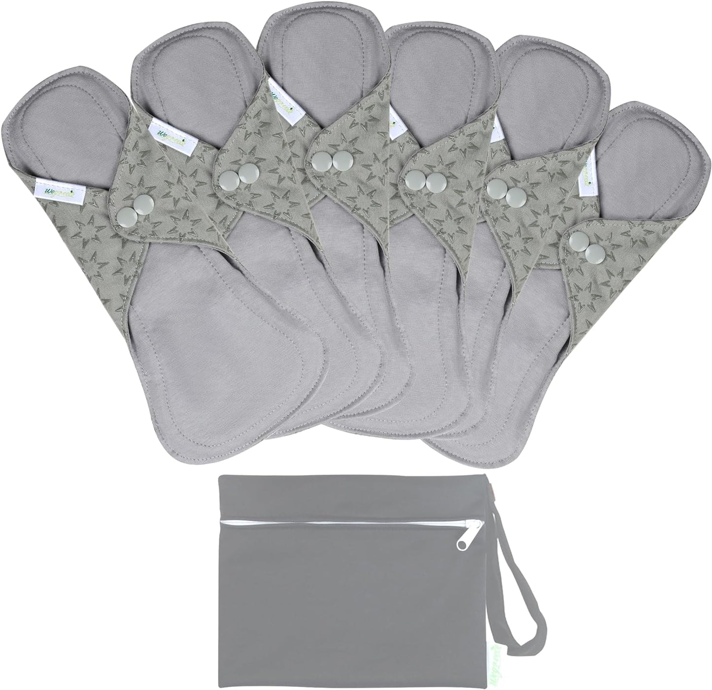 wegreeco 6 Pcs Reusable Menstrual Pads, Ultra Absorbent Cloth Pads for Heavy Flow, Sanitary for Teens,Women, Nonslip, Grey Inner, Grey Outer, Large