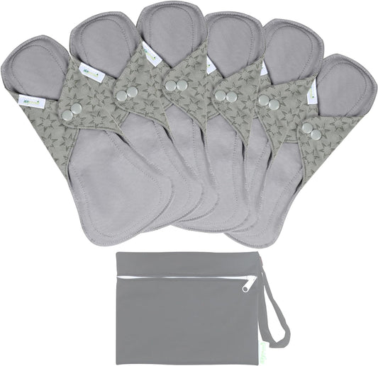 wegreeco 6 Pcs Reusable Menstrual Pads, Ultra Absorbent Cloth Pads for Heavy Flow, Sanitary for Teens,Women, Nonslip, Grey Inner, Grey Outer, Large