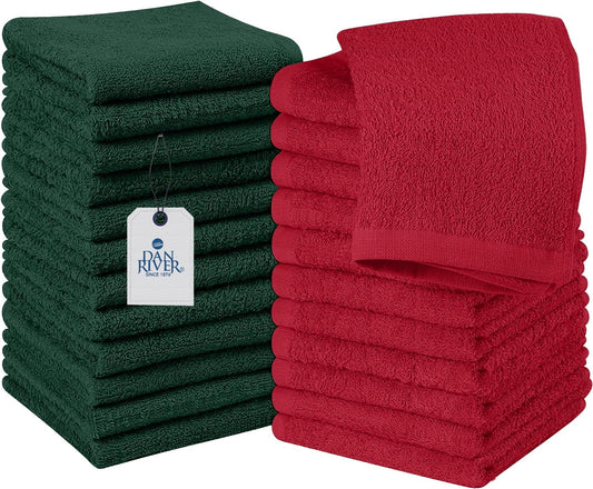 DAN RIVER 100% Cotton Christmas Gift Washcloths 24 Pack Premium Quality Face and Body Cloth, Quick Dry Essential Towels for Bathroom, Hand, Kitchen & Cleaning | 12X12 in | 400 GSM | Red & Green combo