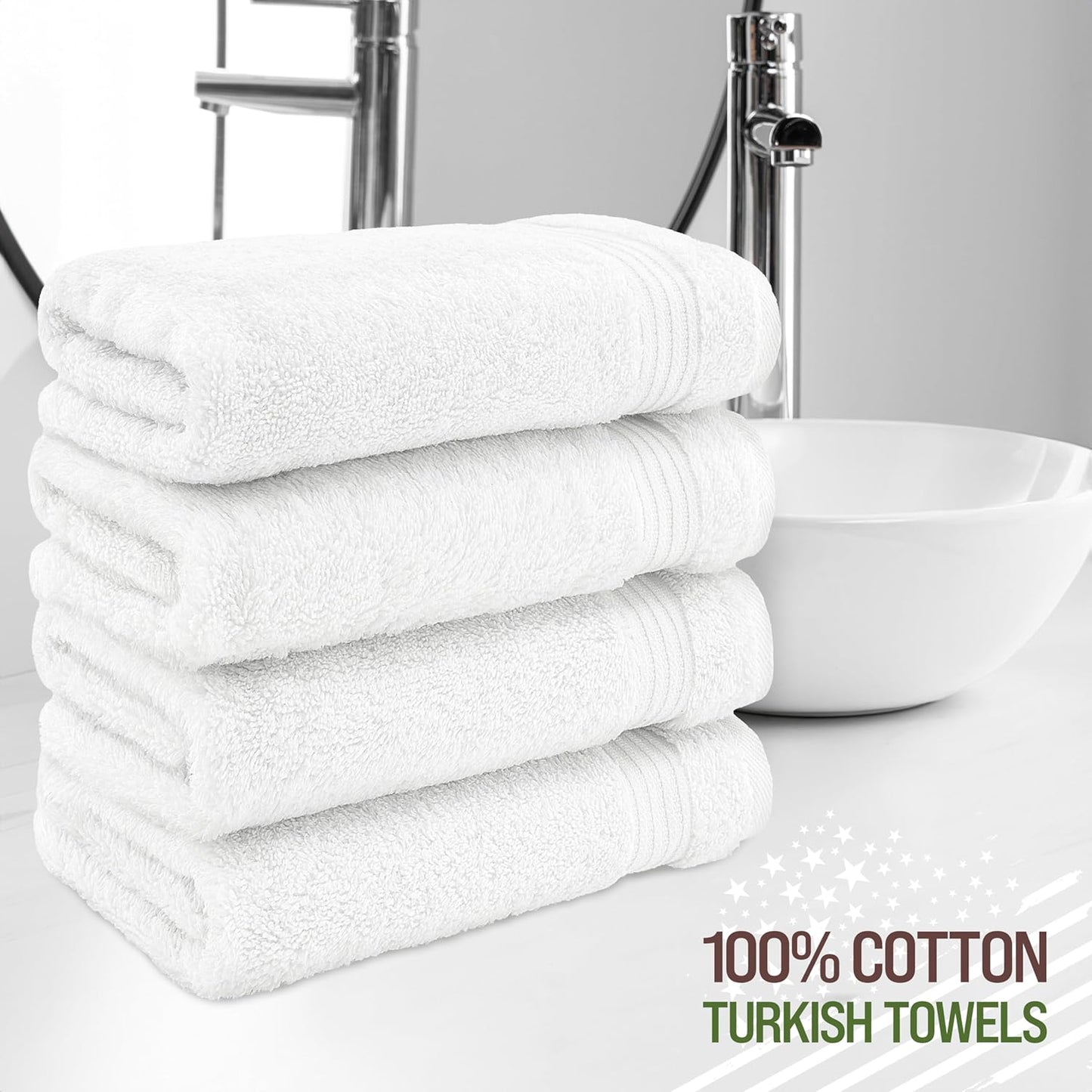 American Veteran Towel, Hand Towels for Bathroom Set of 4, 100% Cotton Turkish Hand Towel Sets, Soft Hand Face Towels, White Hand Towels