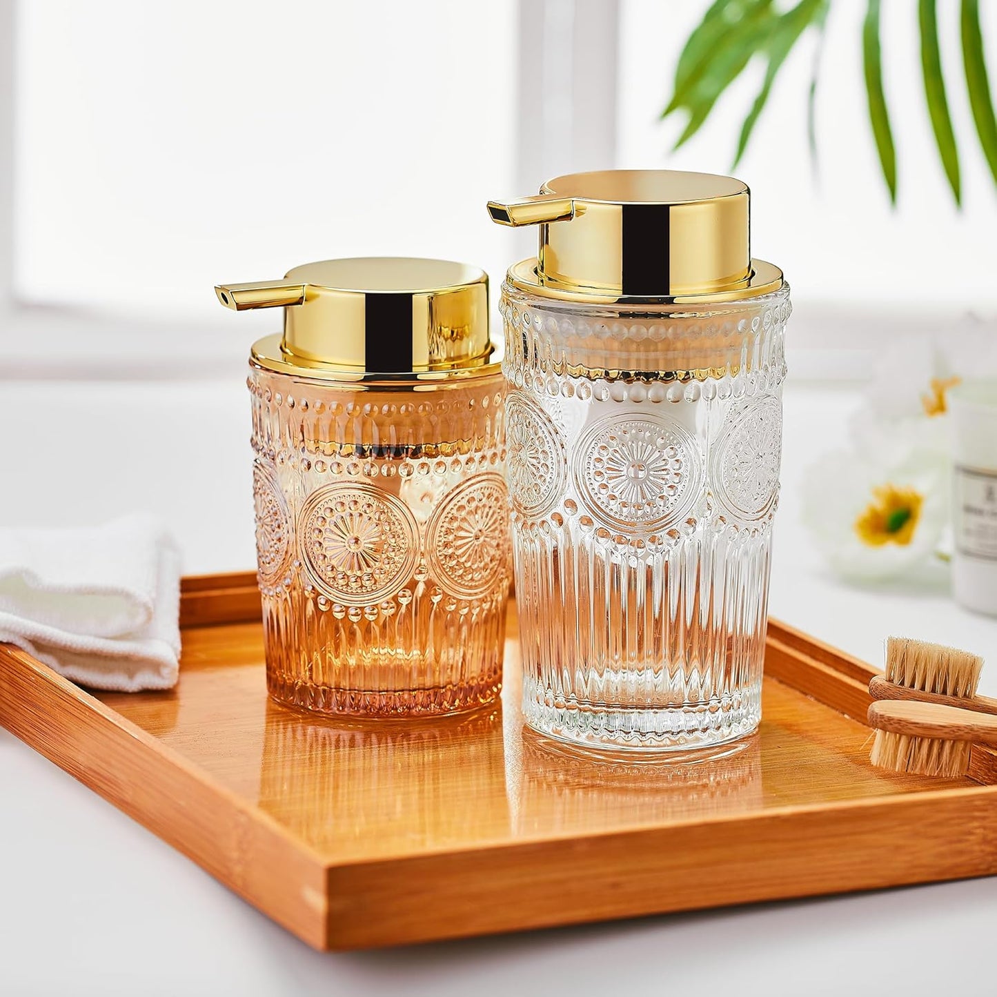 Foaming Hand Soap Dispenser,Glass Foam Soap Dispenser,Toothbrush Holder,Refillable Liquid Soap Dispenser,Lotion Dispenser (L-Clear-Lotion)