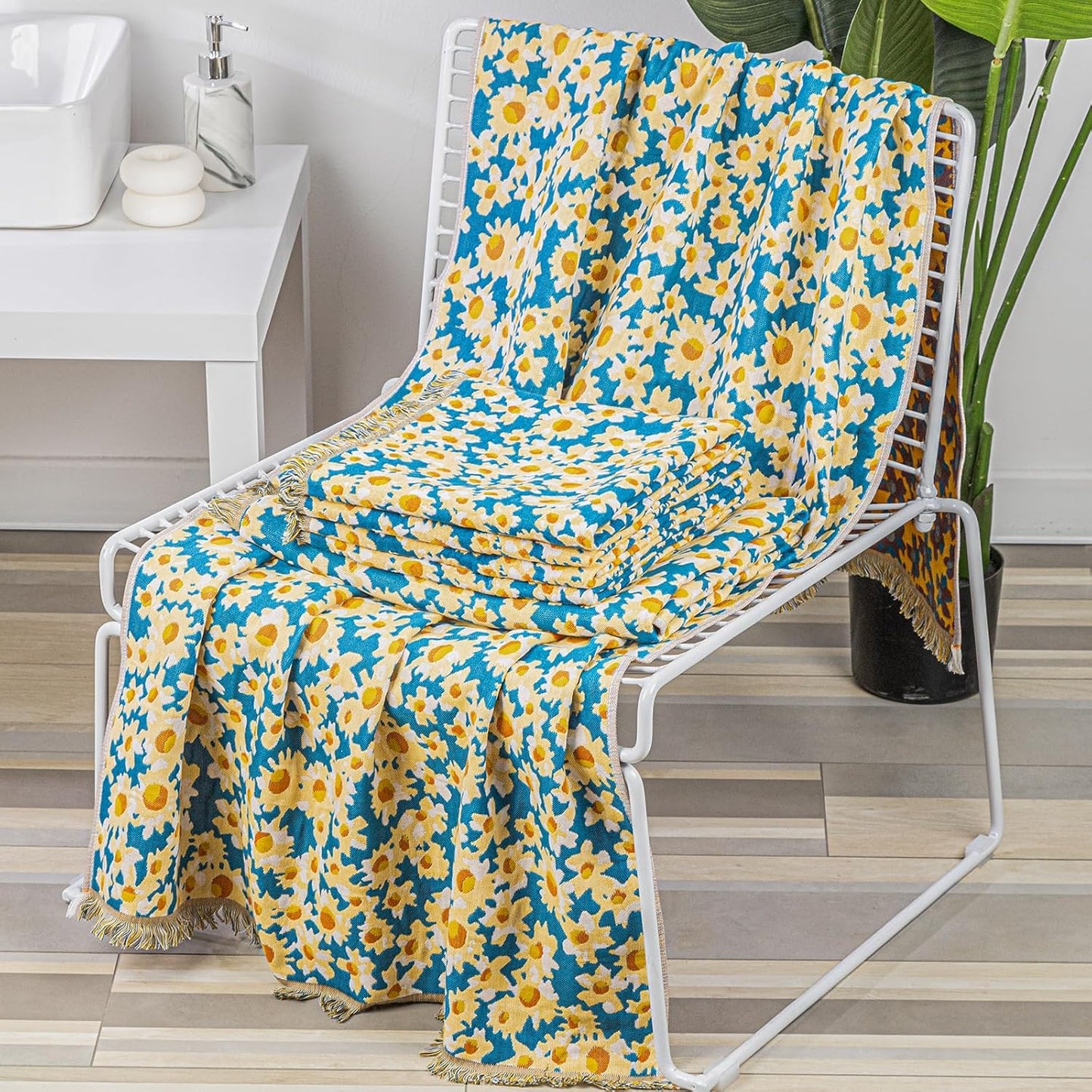 Bath Towels Set, Soft & Thick & Absorbent & Quick Dry, Hotel Towels for Bathroom Luxury, Beach Towel (Floral Dark Cyan, 2 Bath Towels+4 Hand Towels)