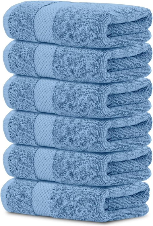 White Classic Luxury Light Blue Hand Towels - Soft 100% Turkish Cotton | Highly Absorbent Hotel spa Bathroom Towel Collection | 16x30 Inch | Set of 6