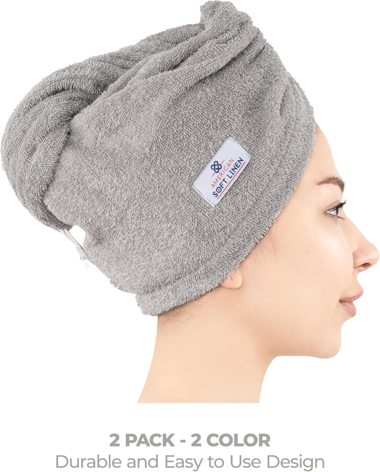 American Soft Linen 100% Cotton Hair Towels for Women, Head Towel Cap, Cotton Hair Turban Towel Wrap for Hair, Soft and Absorbent Cotton Hair Towels 2 Pack, Sage Green-Light Gray