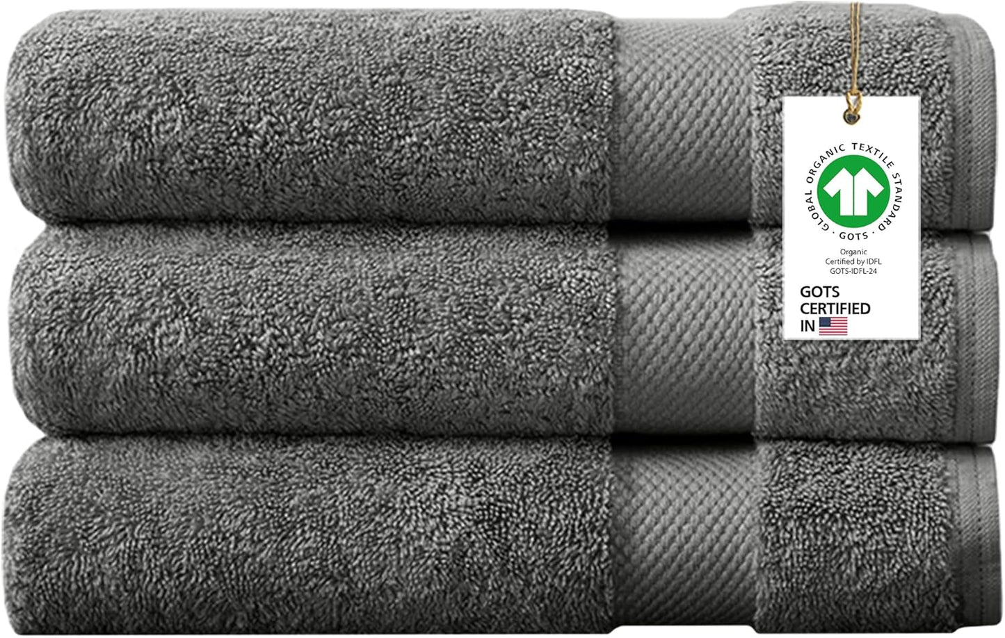 Delara 100% Organic Cotton Towels 650 GSM Plush Feather Touch Quick Dry Bath Towel, Pack of 3 GOTS Certified, Oeko-Tex Green Certified, Organic Cotton Bath Towel, 30"X58"