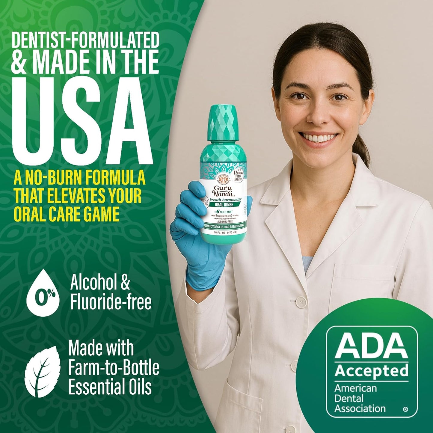 GuruNanda Fresh Breath Mouthwash, ADA-Accepted, Alcohol & Fluoride-Free, Sodium Chlorite, Essential Oils & Vitamins, 12-Hrs Fresh Breath, Wild Mint, 16 oz