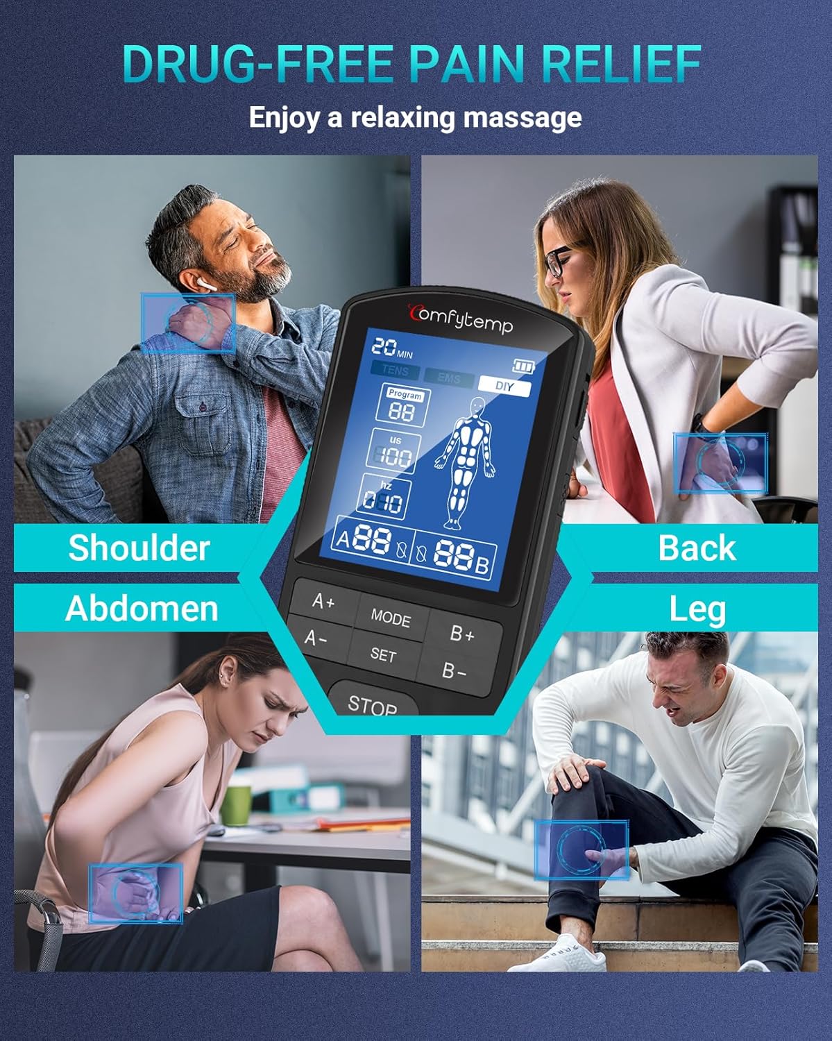 Comfytemp TENS Unit Muscle Stimulator for Pain Relief Therapy, FSA HSA Eligible TENS Machine, 20 & DIY Modes, Dual Channel EMS Unit, Pulse Muscle Massager for Back, Shoulder, Sciatica, Christmas Gifts