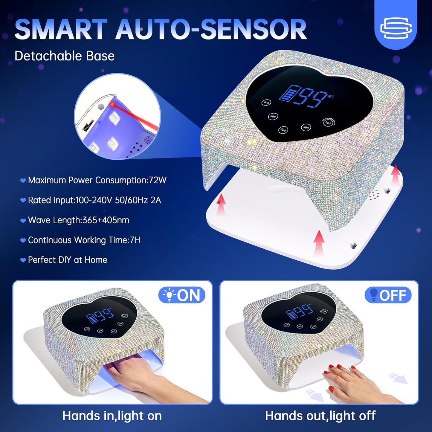 UV LED Nail Lamp 72W Rechargeable Sparkly Wireless Nail Dryer Gel Polish Light with 5 Timer Setting Professional Quick Dry Curing Lamp with Display Auto Sensor for Salon & Home