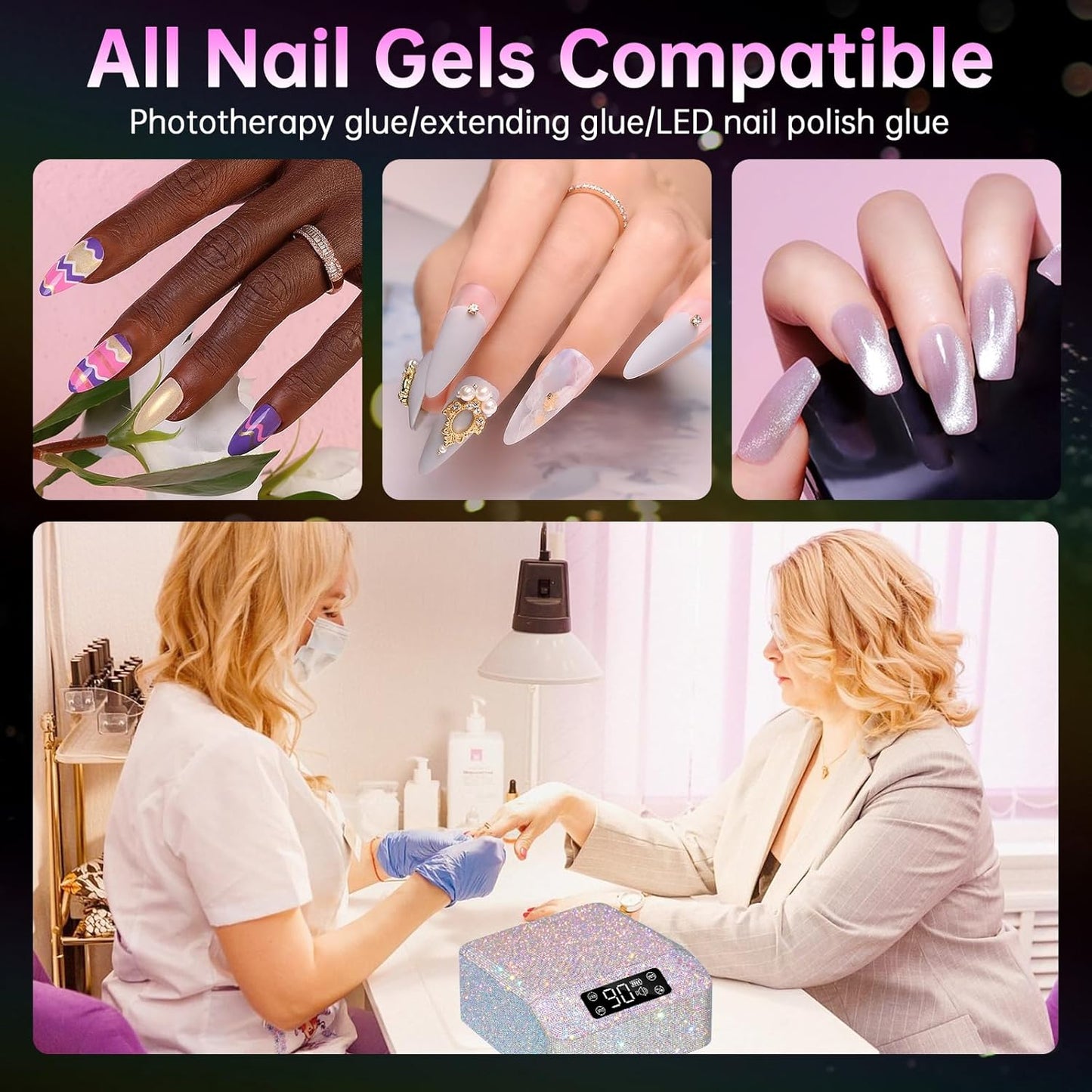 UV LED Nail Lamp 96W Plug-in Nail Dryer Sparkly Gel Polish Light 4 Timer Setting Professional Quick Dry Curing Lamp with Display Auto Sensor for Salon & Home