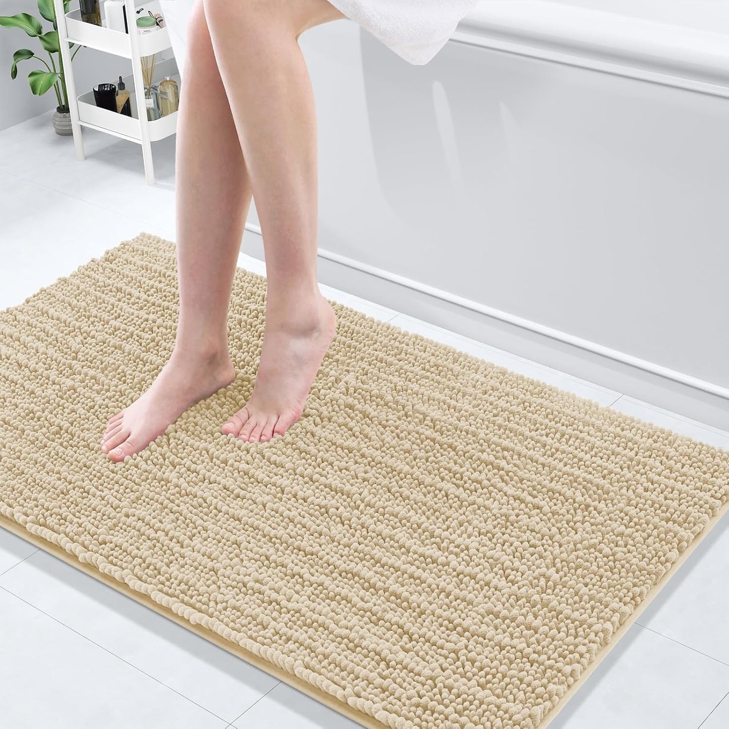 Arotive Luxury Chenille Bathroom Rug Mat, Extra Soft Thick Absorbent Shaggy Bath Rugs, Non-Slip Machine Wash Dry, Plush Bath Mats for Bathroom, Shower and Tub, 47x24, Cream Beige