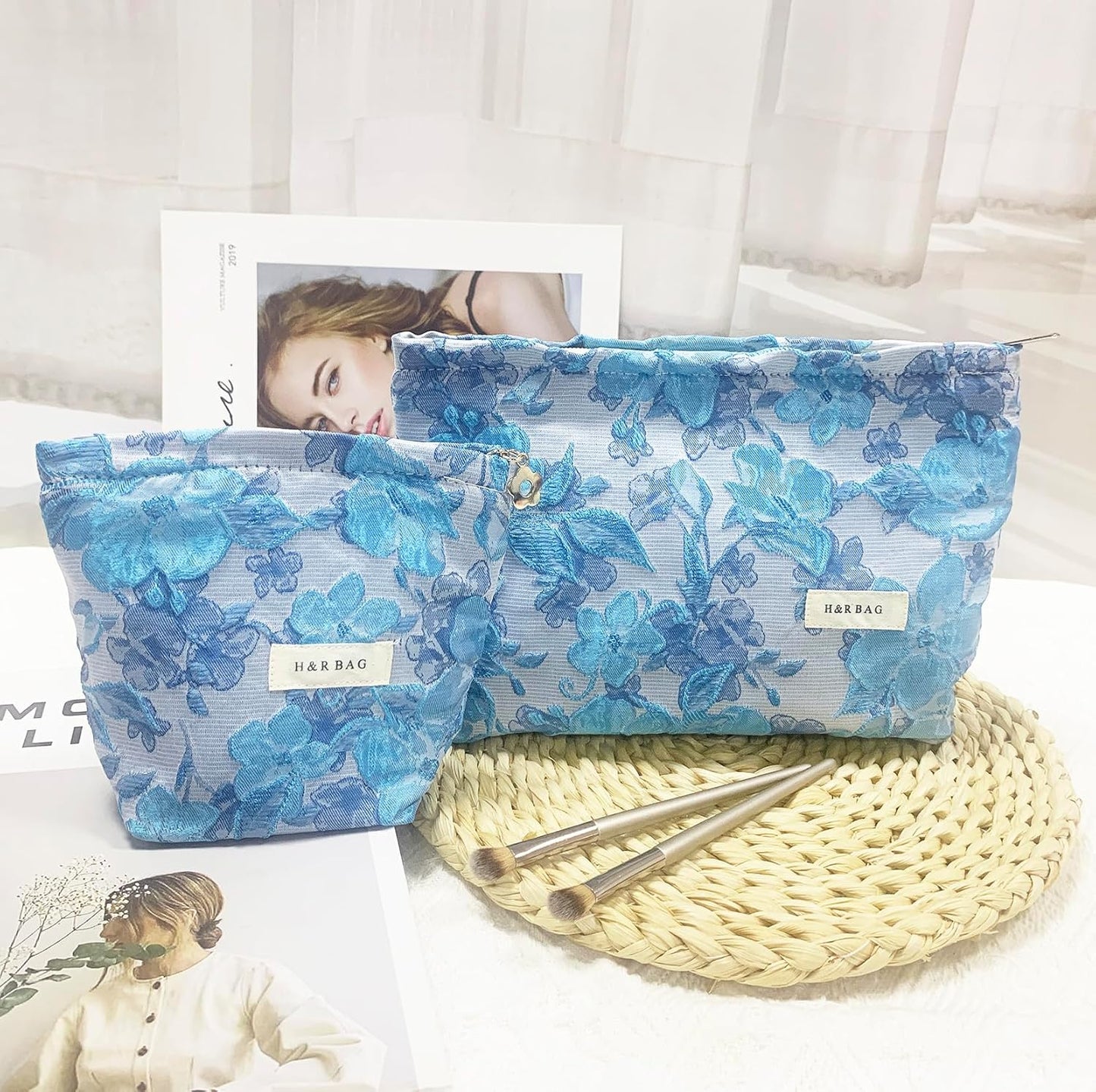 2 Pcs Makeup Bags, Large Cosmetic Bag Travel Toiletry Bag Organizer for Women, Embroidery Craft, Floral Makeup Bag Small Cosmetic Pouch Purse with Zipper Gifts for Girls Teen