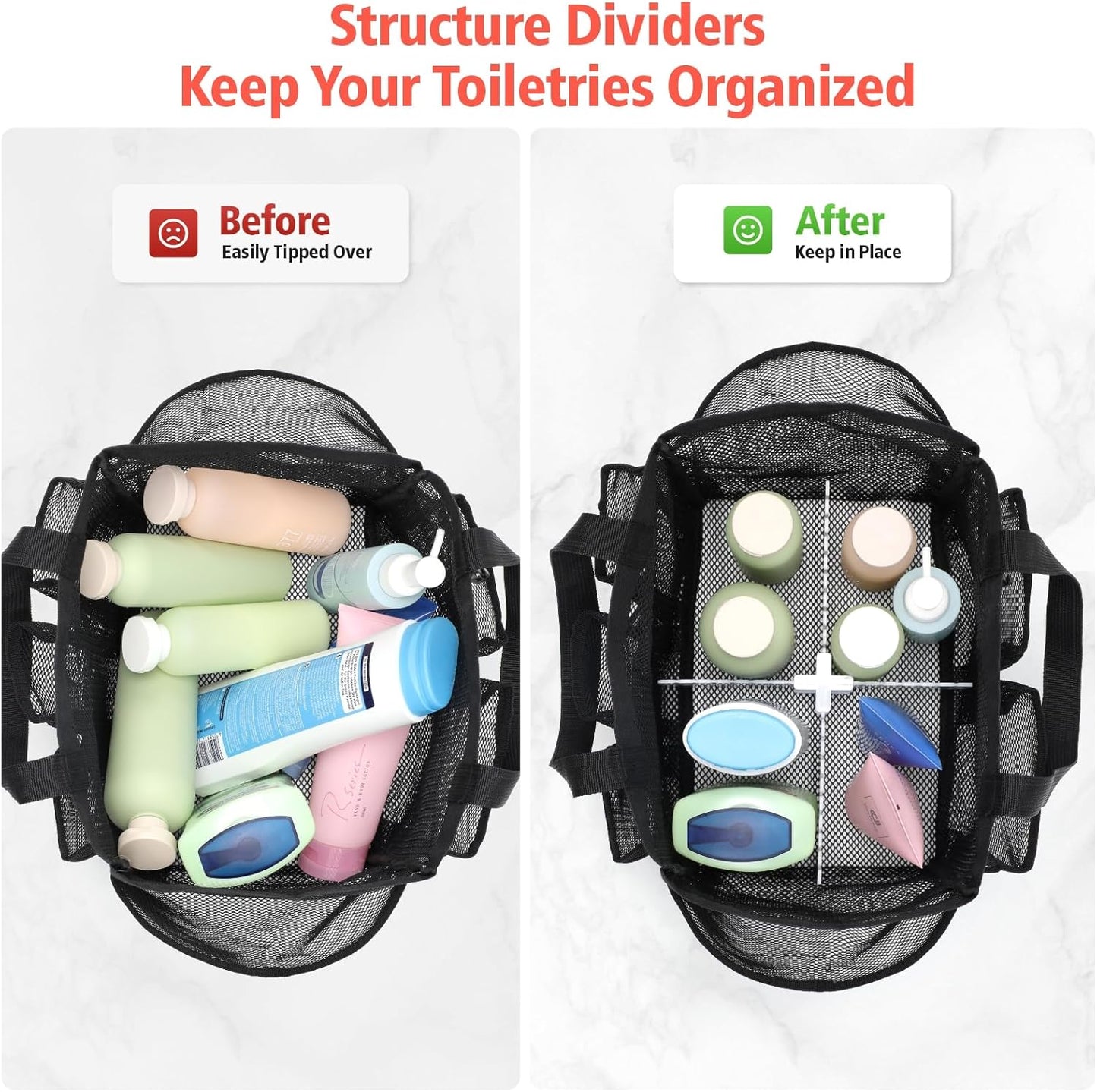 F-color Mesh Shower Caddy Portable with Dividers - Upgrade Deeper 7 Pockets Dorm Room Essentials with S Hook, Shower Bag Basket Tote for Guys Girls College Camping Toiletry Bathroom, Black
