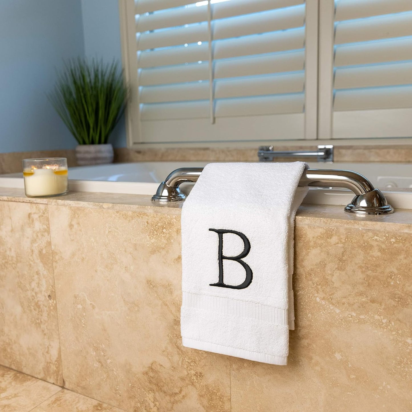 Dark Gray and White Bathroom Hand Towel - Monogrammed Luxury Hotel Quality Decorative Embroidered Towel for Powder Room, Spa - GOTS Organic Certified - Pack of 2, Letter B