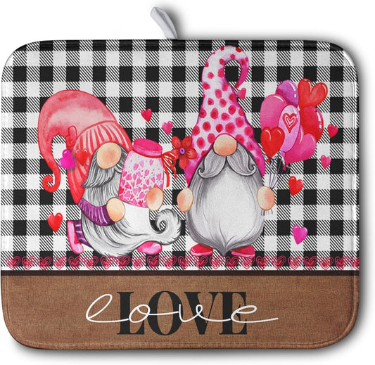 Valentine's Day Dish Drying Mats for Kitchen Counter, Gnome Love Kitchen Drying Mat, Buffalo Plaid Dish Drainer Mat Absorbent Quick Dry Dishes Pad 16 x 18 In - Farmhouse Decor Valentines Gift