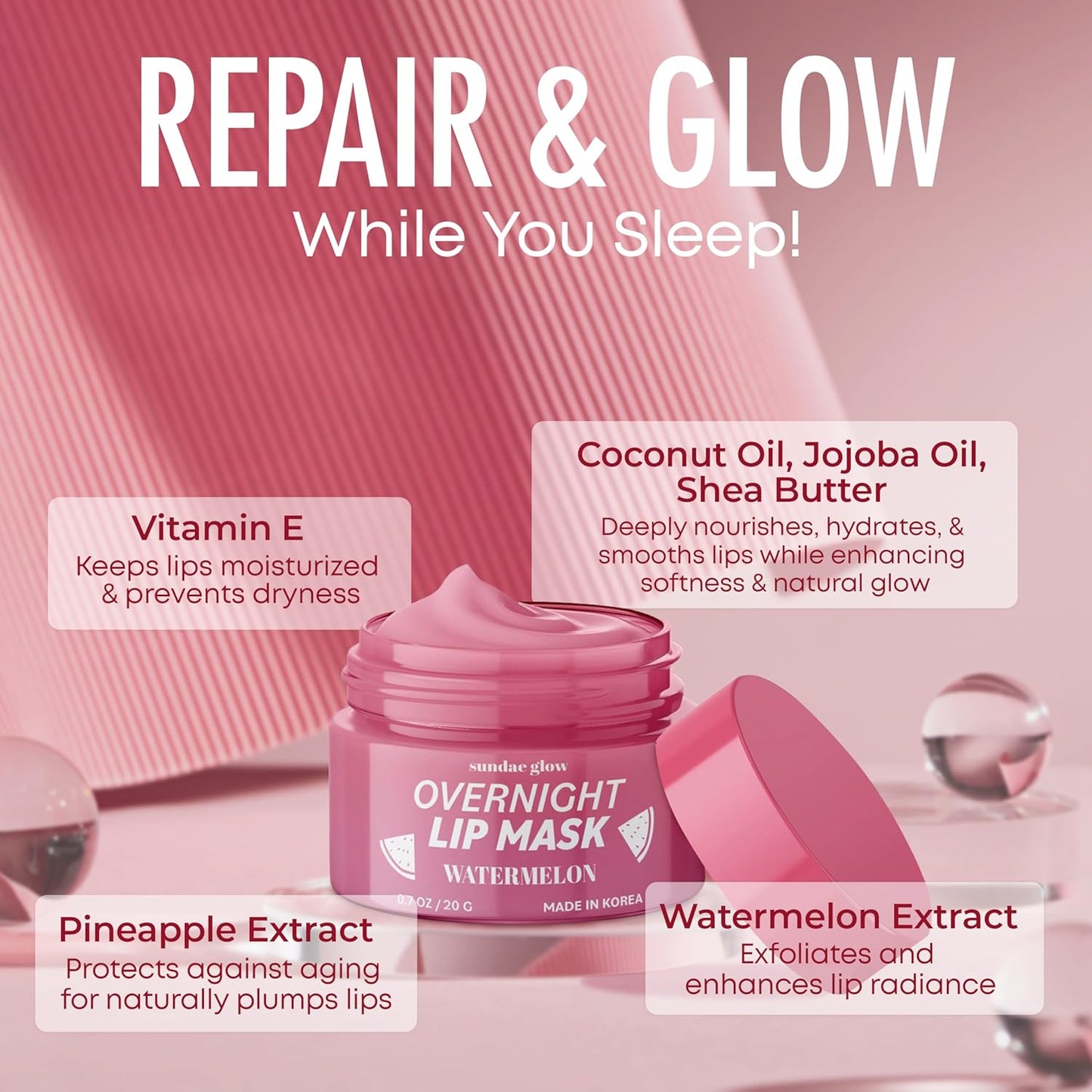 Lip Mask with Watermelon – Overnight Lip Repair, Intense Hydration & Smoothing – Dermatologist Tested, Korean Skin Care – 95% Natural, Clean Beauty, Cruelty-Free – 1 Pack