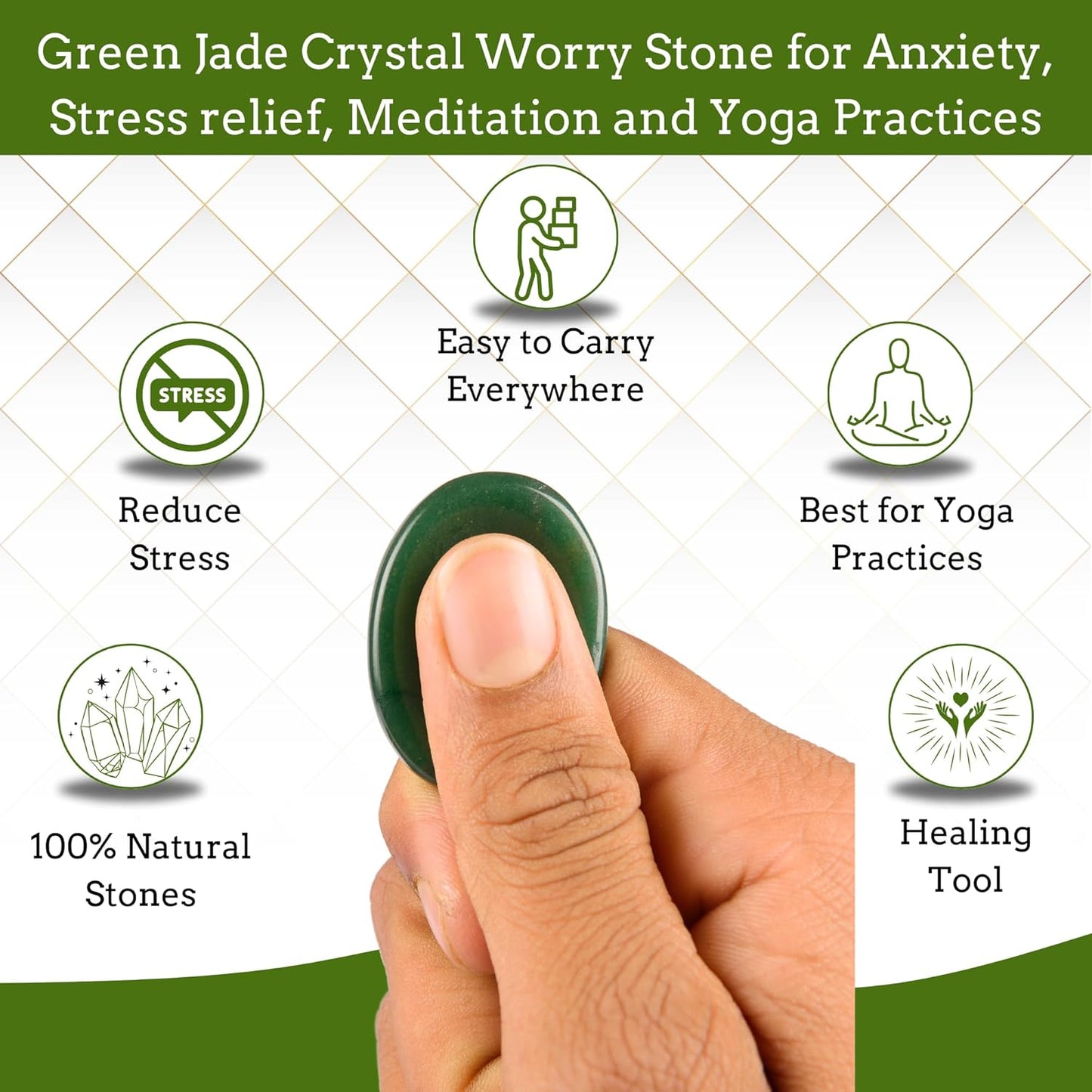 Green Jade Worry Stone – Natural Thumb Stone for Anxiety & Stress Relief – Healing Crystal for Meditation, Reiki, Positive Energy & Gift for Men and Women