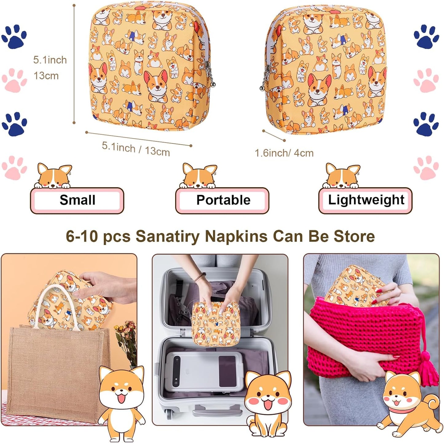 Period Bag Pouch, Canvas Sanitary Napkin Storage Bag for Girls Womens, Portable Sanitary Napkin Period Pad Pouch for Purse, Small Make Up Bags(Orange Dog)