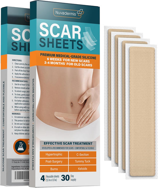 NUVADERMIS Silicone Scar Sheets - Extra Long Scar Sheets for C-Section, Tummy Tuck, Keloid, and Surgical Scars - Reusable Medical Grade Silicone Scar Sheets - Pack of 4 - Light Tone