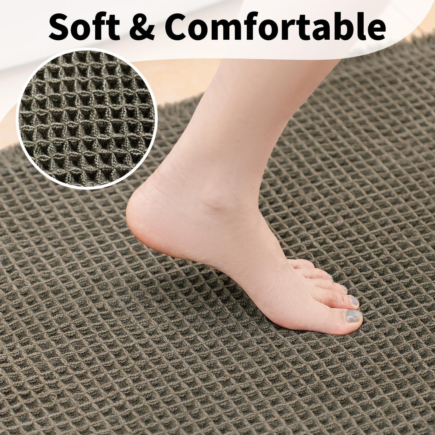 Waffle Runner Bath Mat - Long Boho Bathroom Rugs Non Slip Washable, Super Absorbent & Quick Dry, Soft Bath Mat Farmhouse Bathroom Decor, 24'' x 60'', Olive Green