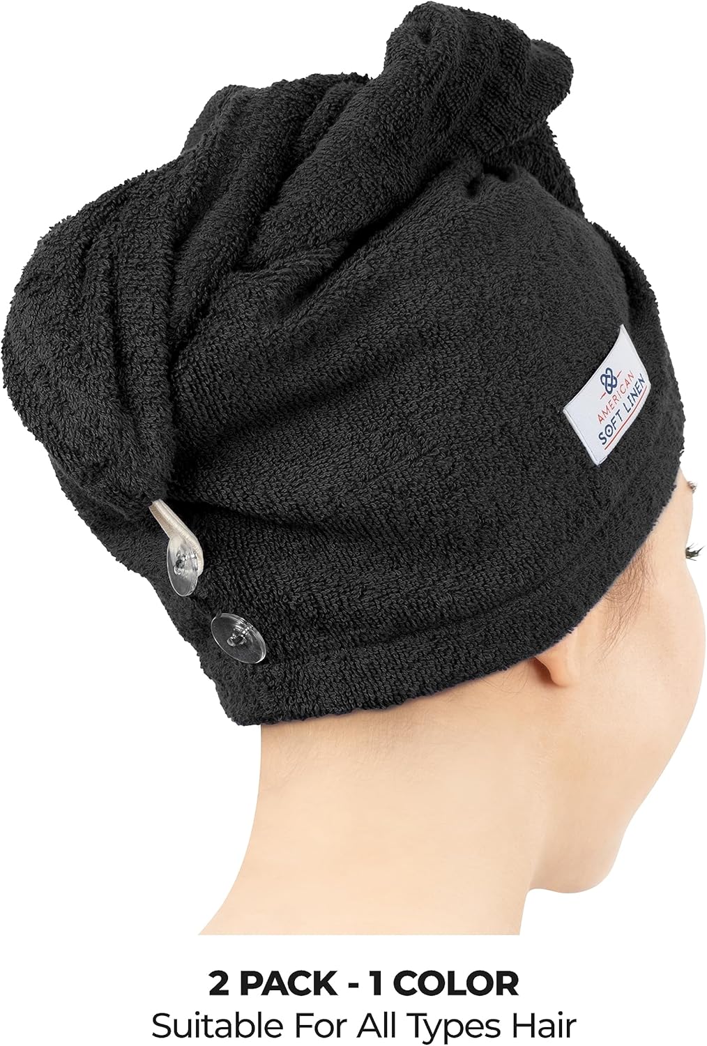 American Soft Linen 100% Cotton Hair Towels for Women, Head Towel Cap, Cotton Hair Turban Towel Wrap for Long Curly Anti Frizz Hair, Soft and Absorbent Cotton Hair Towels 2 Pack, Black