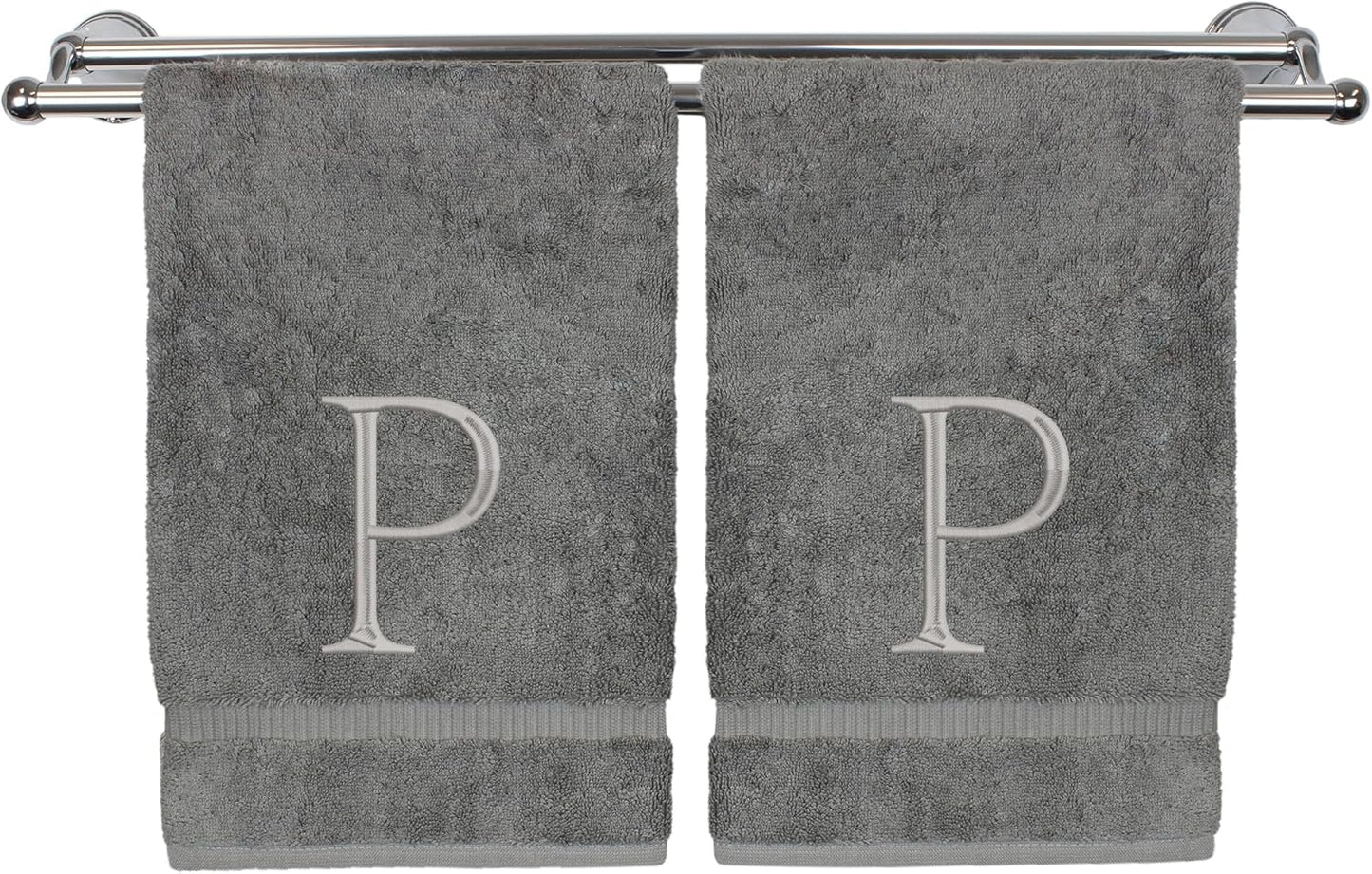 Monogrammed Hand Towel, Personalized Initial Gift, Extra Absorbent 100% Turkish Cotton - Soft Terry Finish - Set of 2 - Silver Block Initial P - Embroidered on Grey Towels