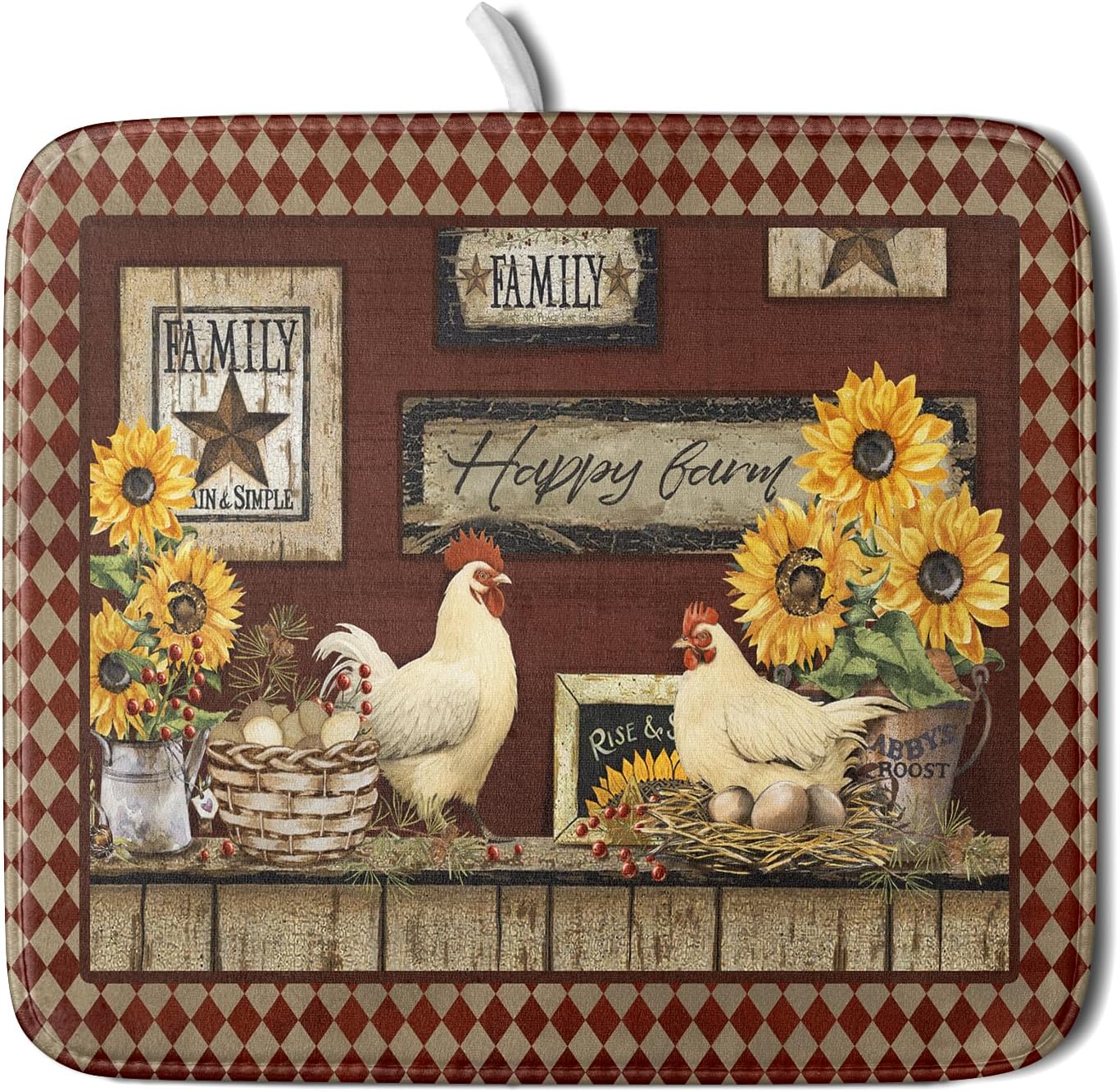 Vintage Rooster Dish Drying Mat 16x18 Inch Farmhouse Chicken Dish Drainer Pad Microfiber Absorbent Fast Dry Kitchen Counter Accessories