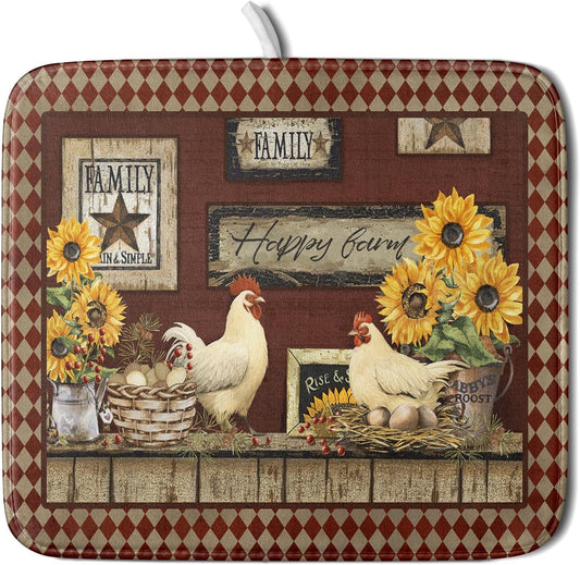 Vintage Rooster Dish Drying Mat 16x18 Inch Farmhouse Chicken Dish Drainer Pad Microfiber Absorbent Fast Dry Kitchen Counter Accessories