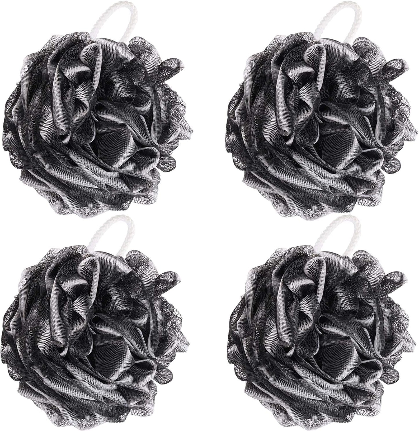 BTYMS 4 Pieces Loofah Sponge Shower Puff Exfoliating Bath Sponge 60g Mesh Pouf Bath Loofahs Black Shower Scrunchies for Bathing