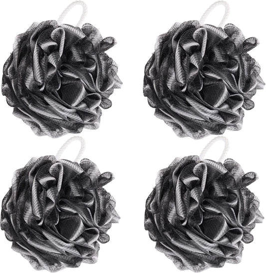 BTYMS 4 Pieces Loofah Sponge Shower Puff Exfoliating Bath Sponge 60g Mesh Pouf Bath Loofahs Black Shower Scrunchies for Bathing