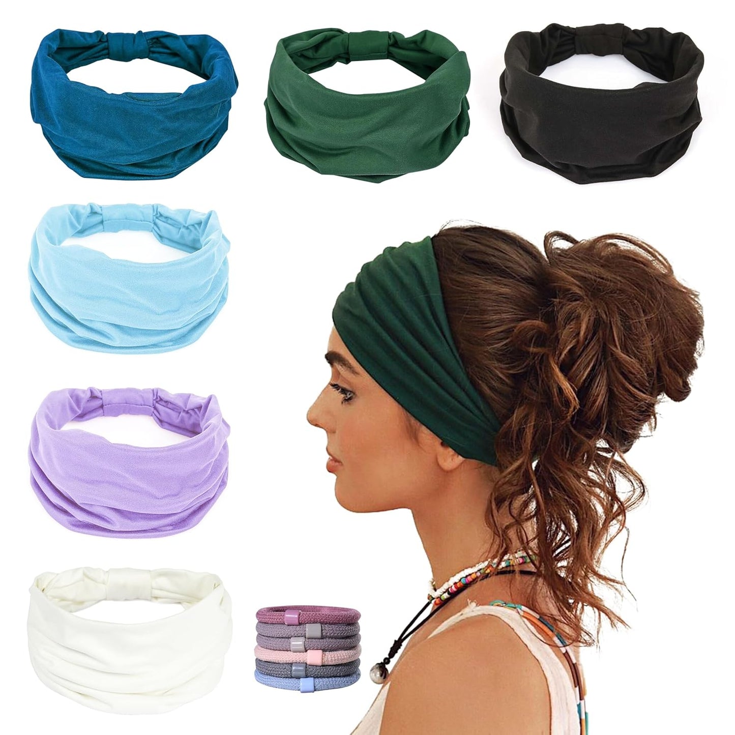 GiLi 6 Pack Wide Headbands for Women Non Slip Soft Elastic Hair Bands Yoga Running Sports Workout Gym Head Wraps, Knotted Cotton Cloth African Turbans Bandana (with 6 Pcs Hair Ties)