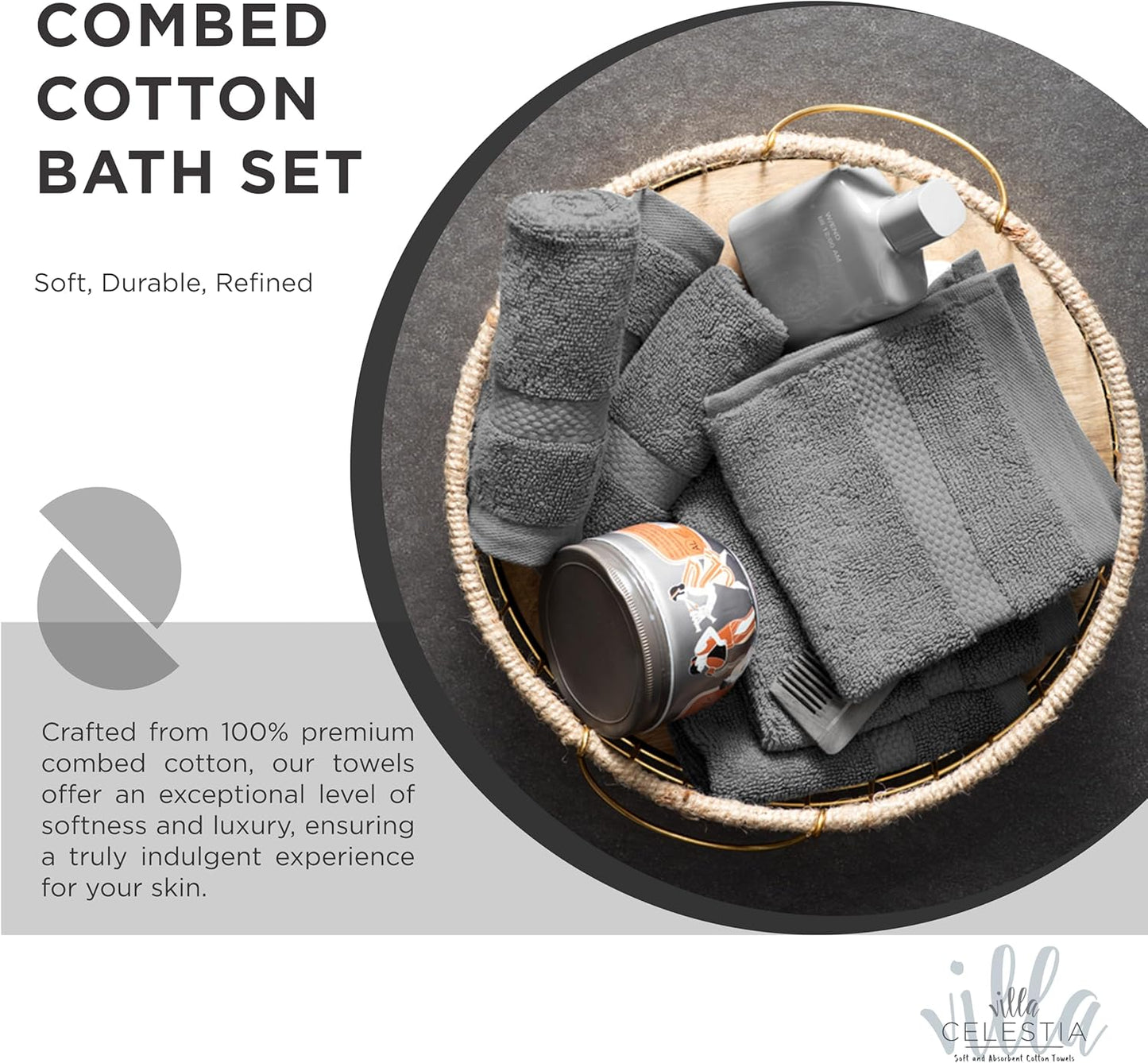 100% Cotton Bath Towel Set of 24-6 Bath Towels, 6 Hand Towels, 12 Wash Cloths, Sustainable, Soft, Highly Absorbent, Combed Cotton 24 Piece Set for Hotels, Spa, Bathroom, Dorm, Grey