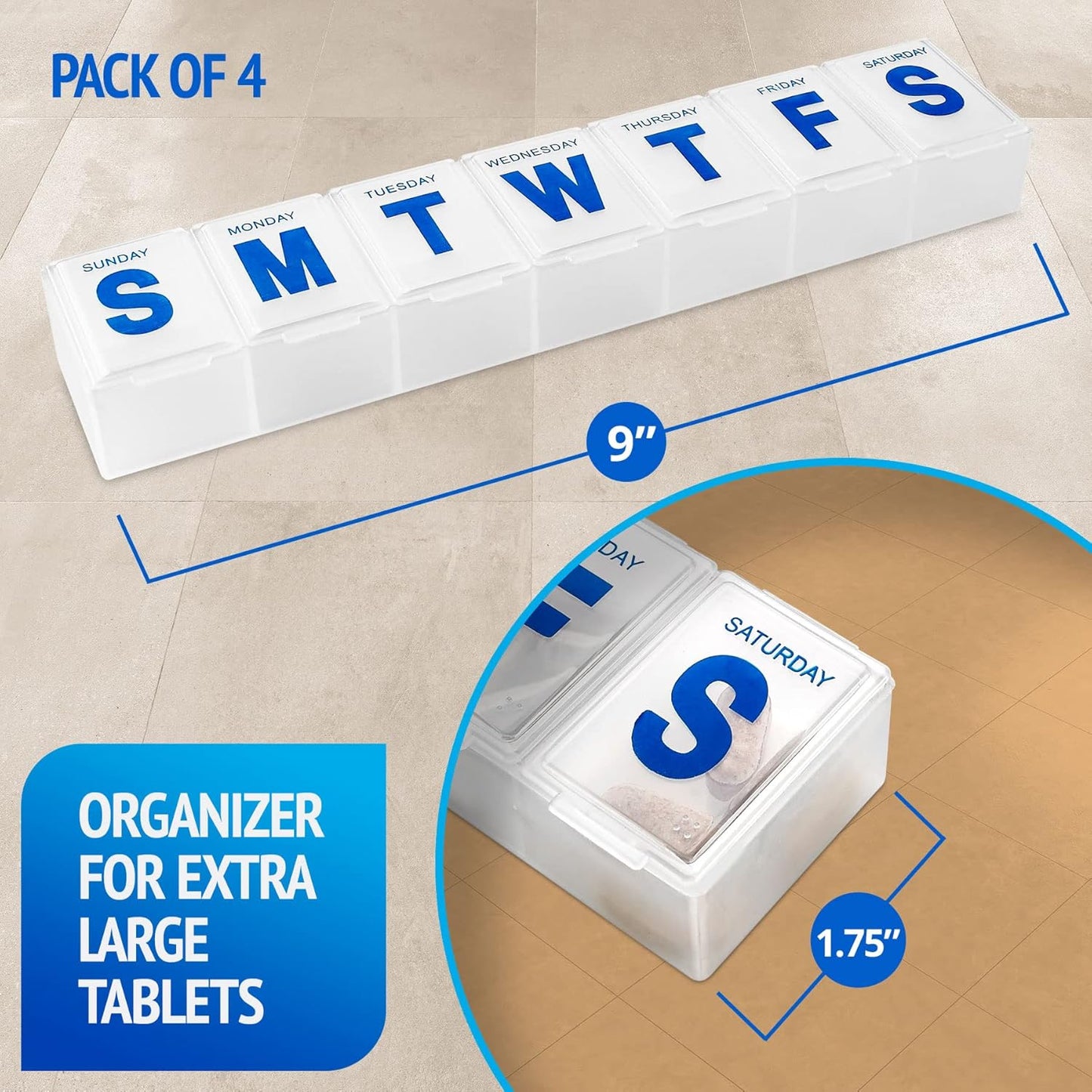 Weekly Pill Organizer - 7-Day Pill Planner Extra Large Pill Planner and Daily Pill Organizer and Medicine Reminder, Monday to Sunday Compartments - BPA Free - Travel Pill Box Case (Pack of 4)